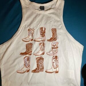 White Tank Top with Cowboy Boot Print